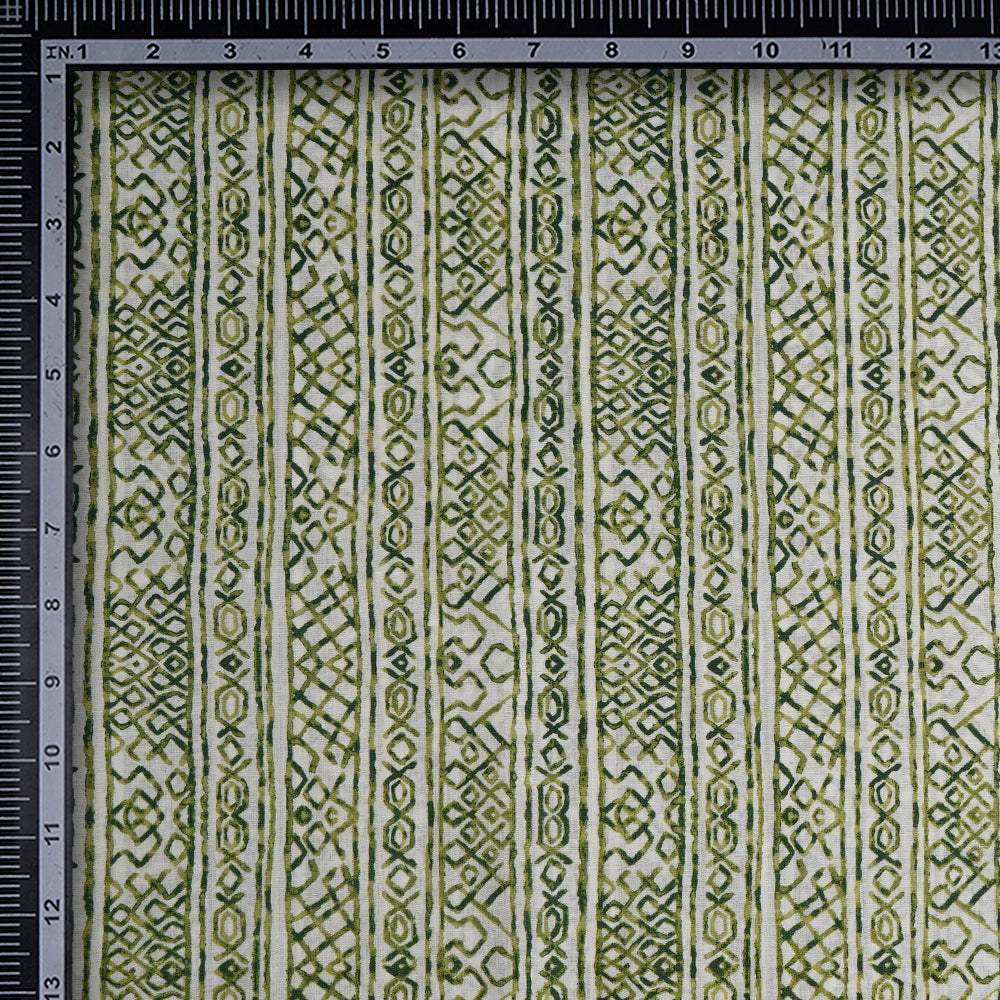 Off-White And Green Color Screen Printed Tussar Chanderi Fabric