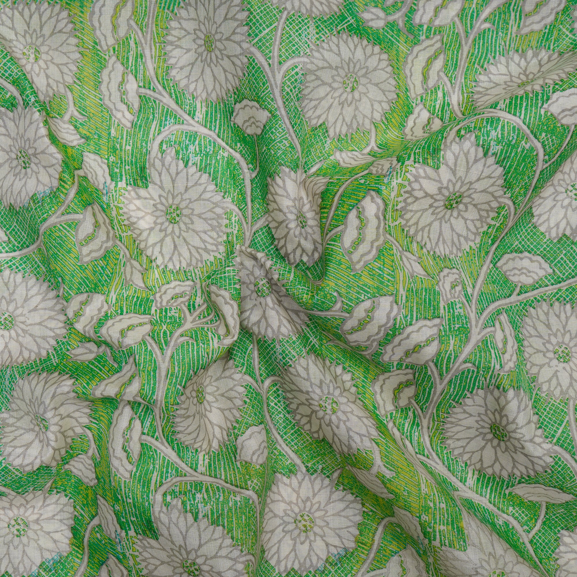 Lime Green Color Printed Tussar Chanderi Fabric