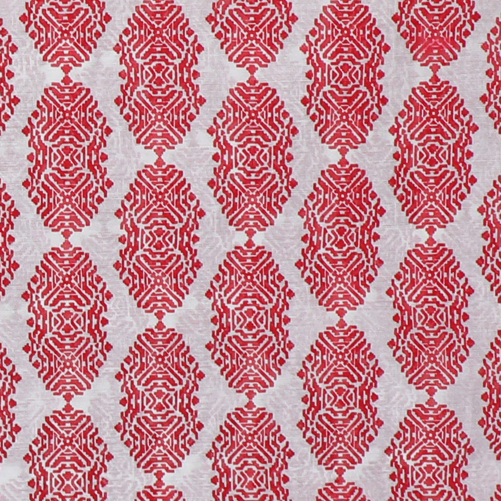 White-Red Color Printed Tussar Chanderi Fabric