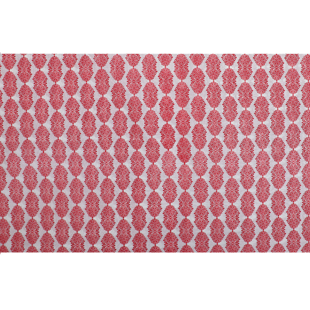 White-Red Color Printed Tussar Chanderi Fabric