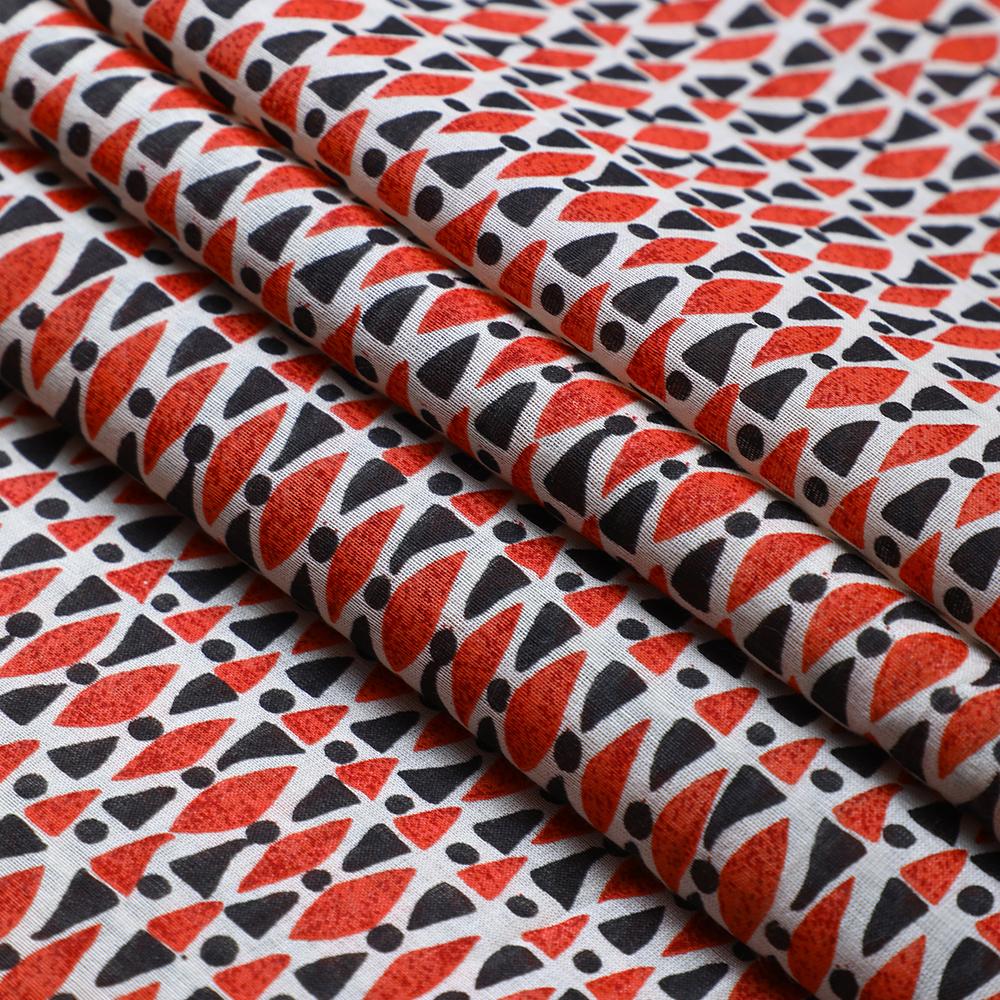 Black and Coral Red Color Digital Printed Fine Chanderi Fabric