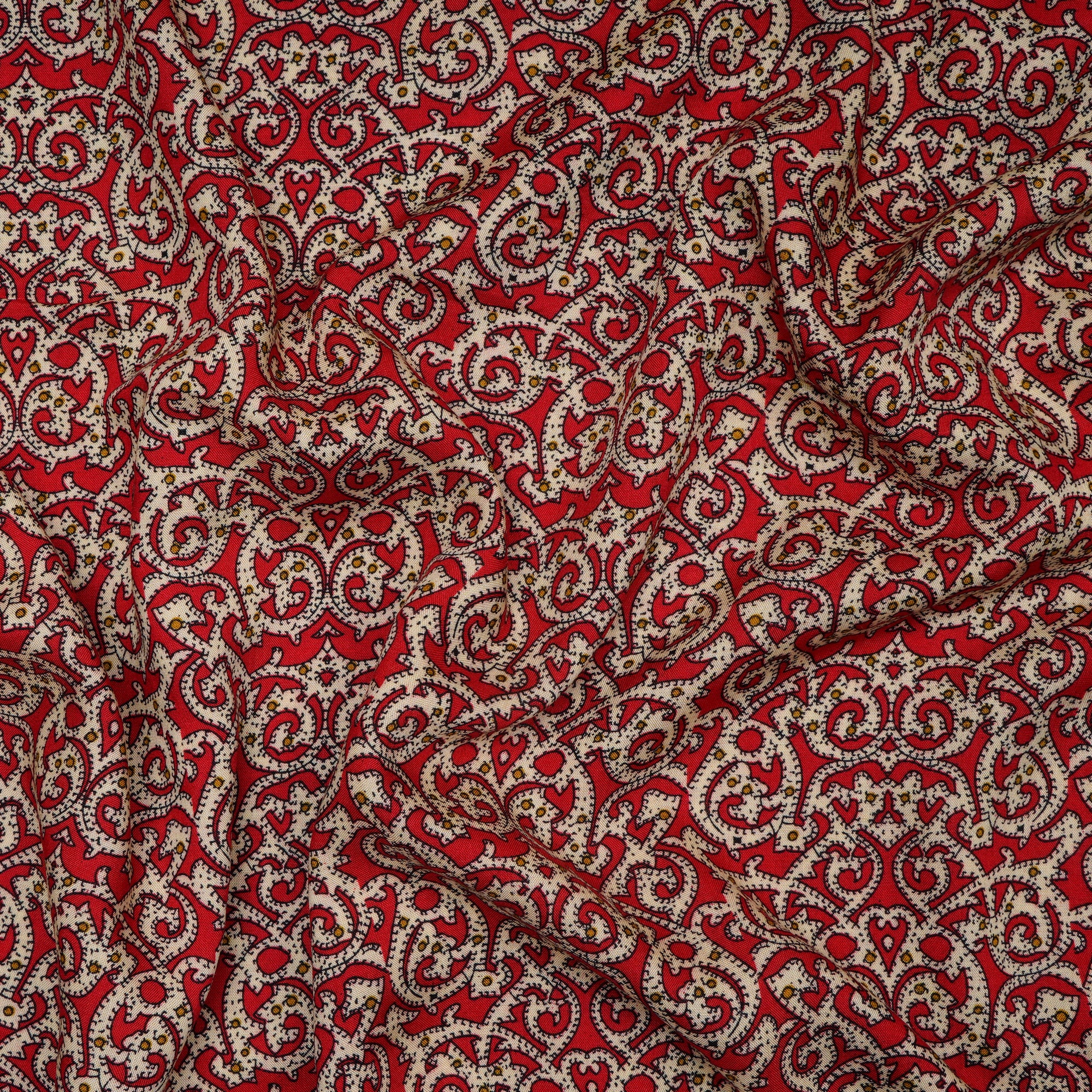 Red-Cream Color Printed Rayon Fabric