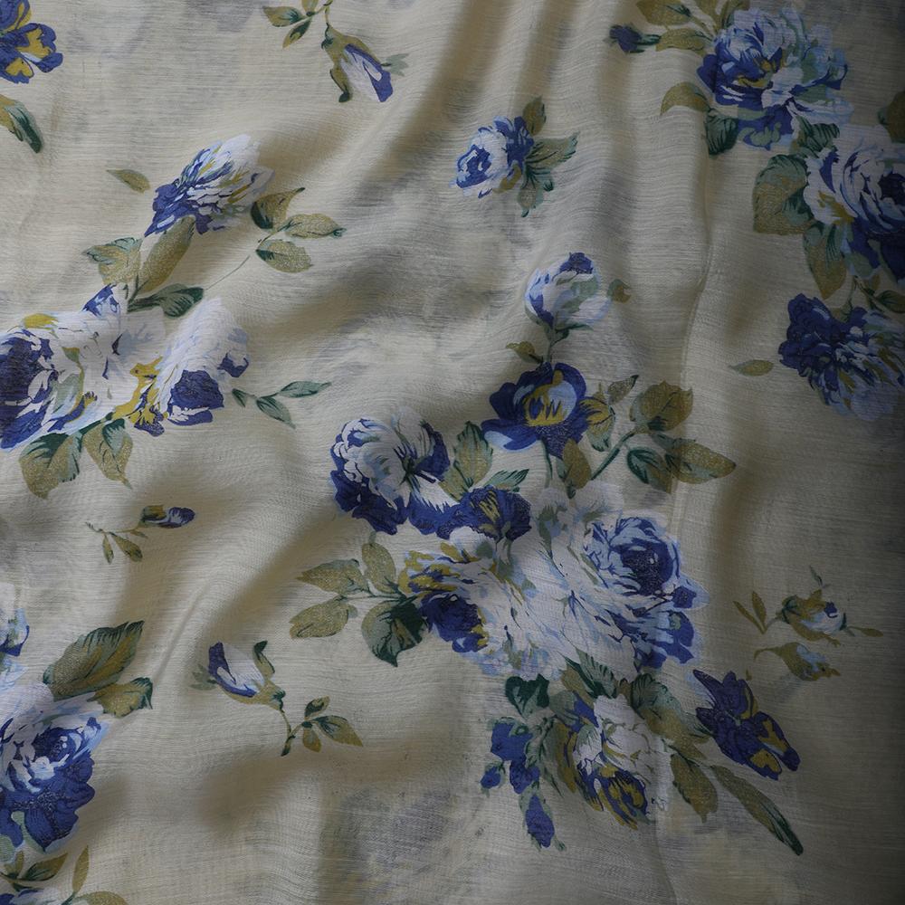 Blue-Beige Color Printed Silk Cotton Muslin Fabric