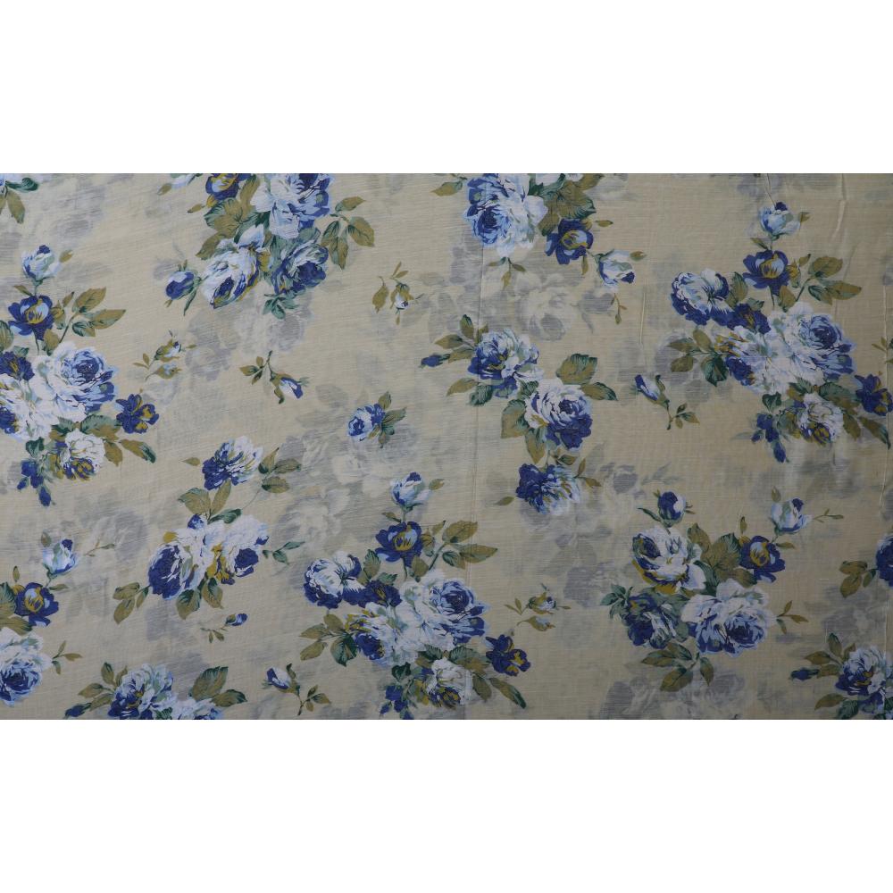 Blue-Beige Color Printed Silk Cotton Muslin Fabric
