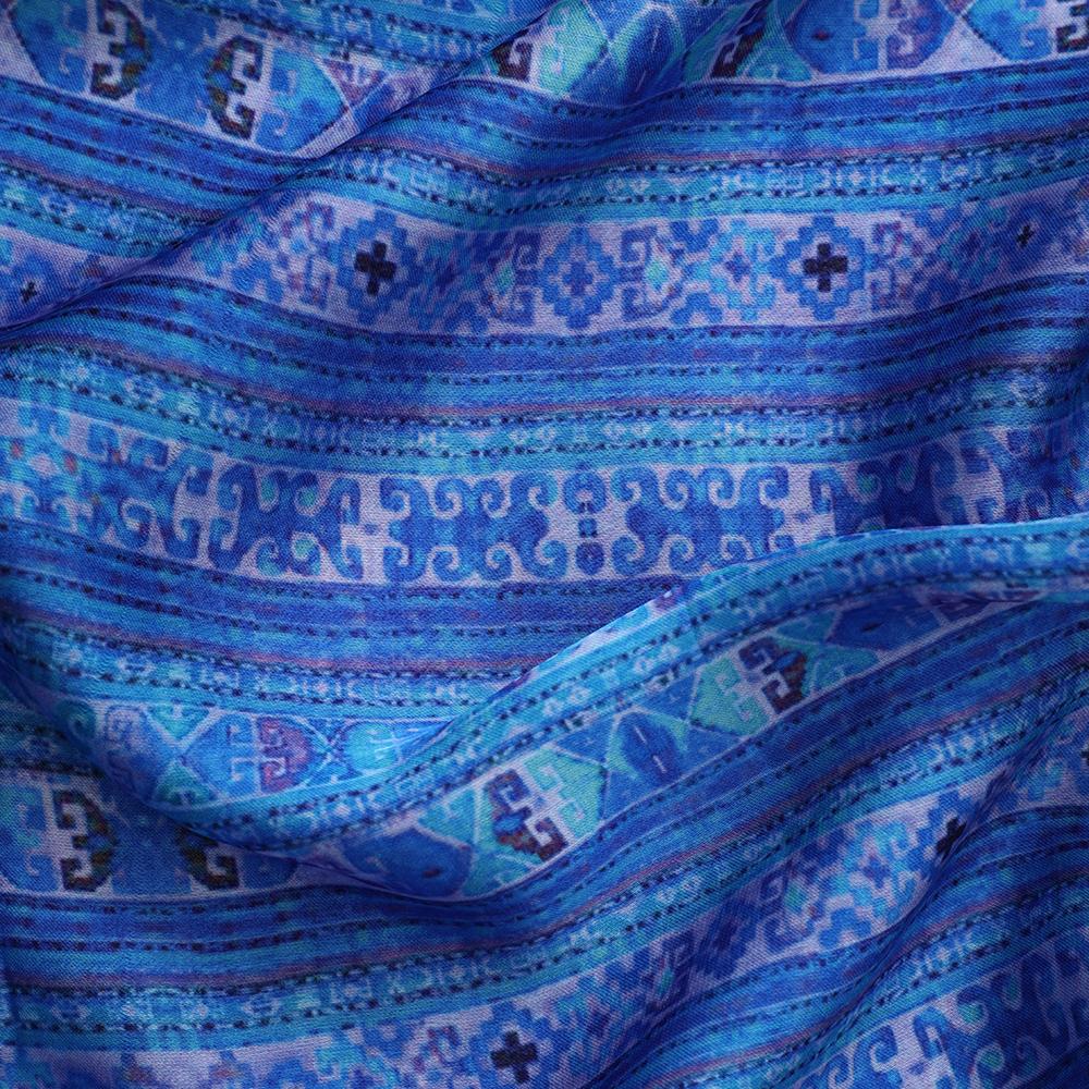 Blue Color Printed Blended Satin Chiffon Fabric