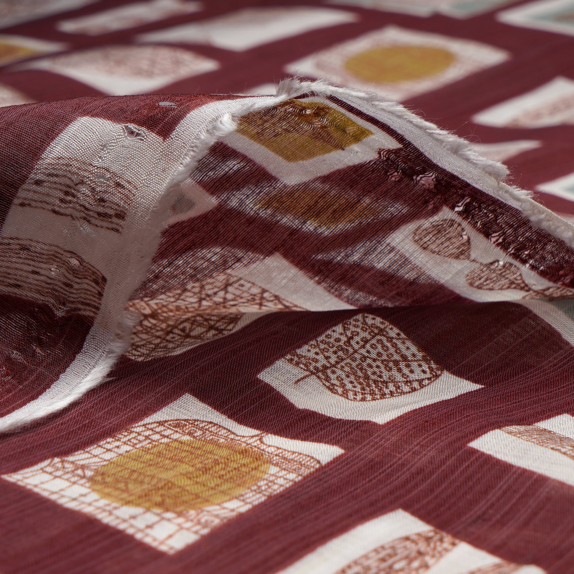 Mauve and Brown Color Printed Tussar Silk Fabric