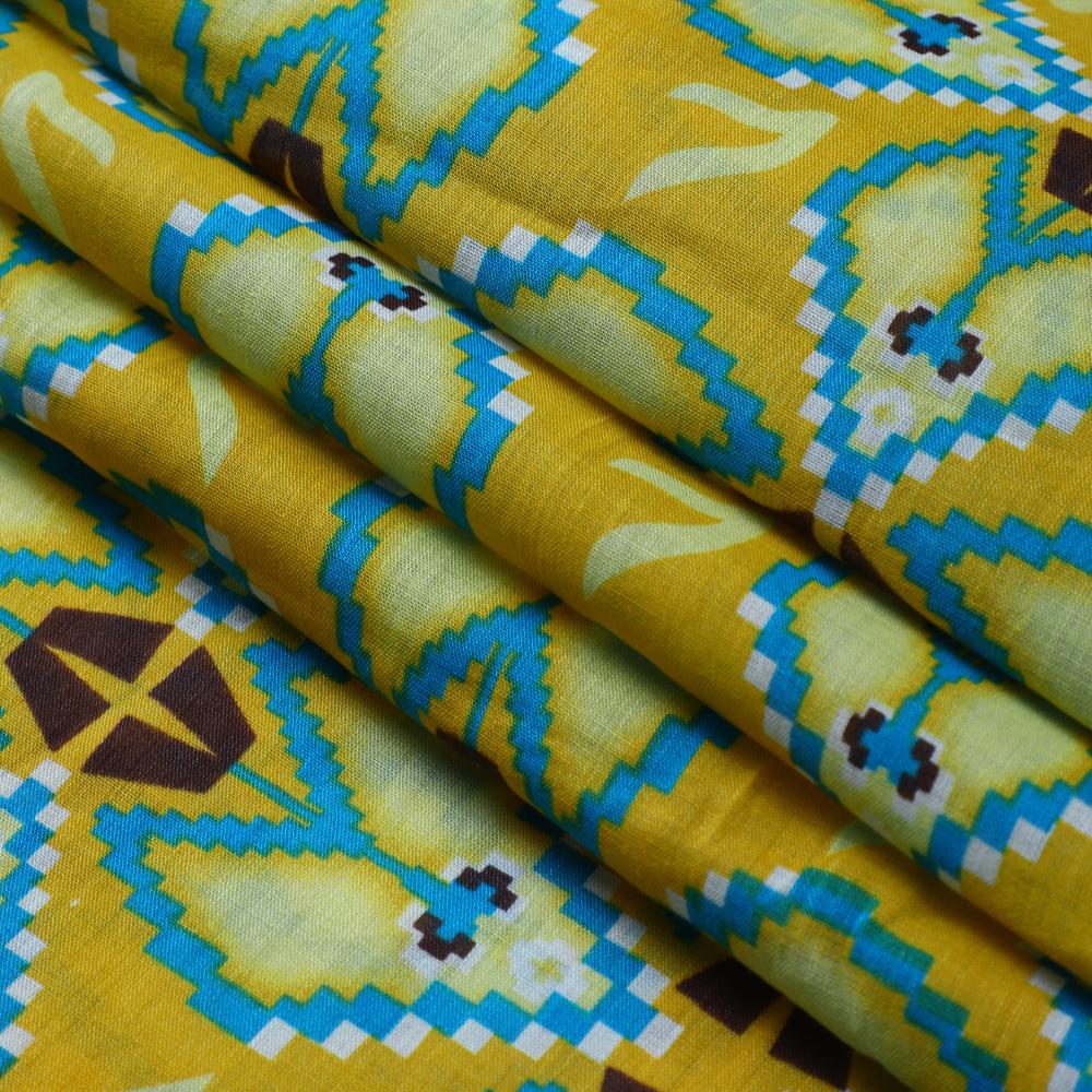 Yellow-Blue Color Printed Linen Fabric