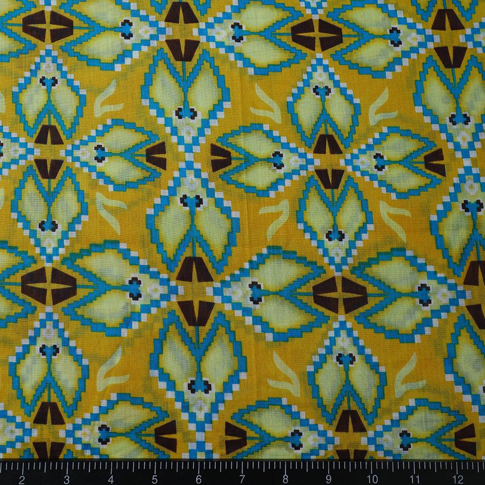 Yellow-Blue Color Printed Linen Fabric