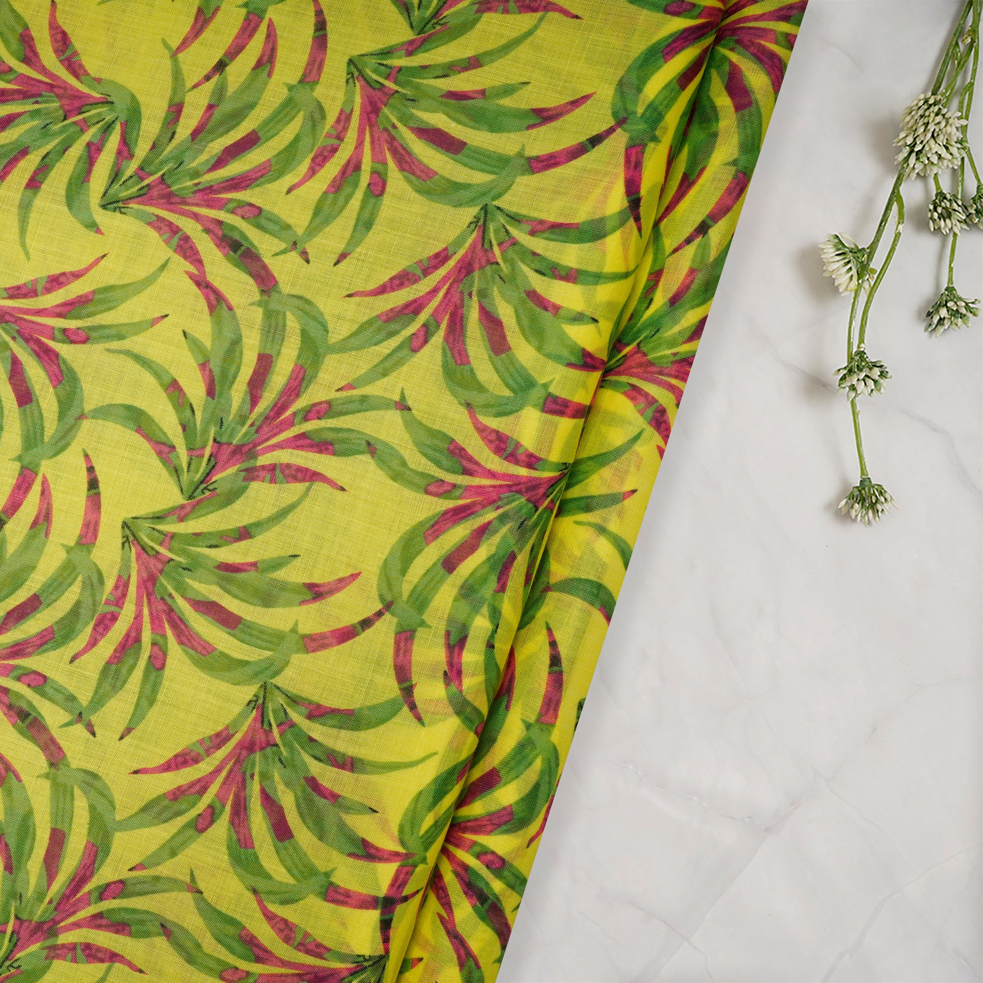 Green and Pink Color Printed Linen Fabric