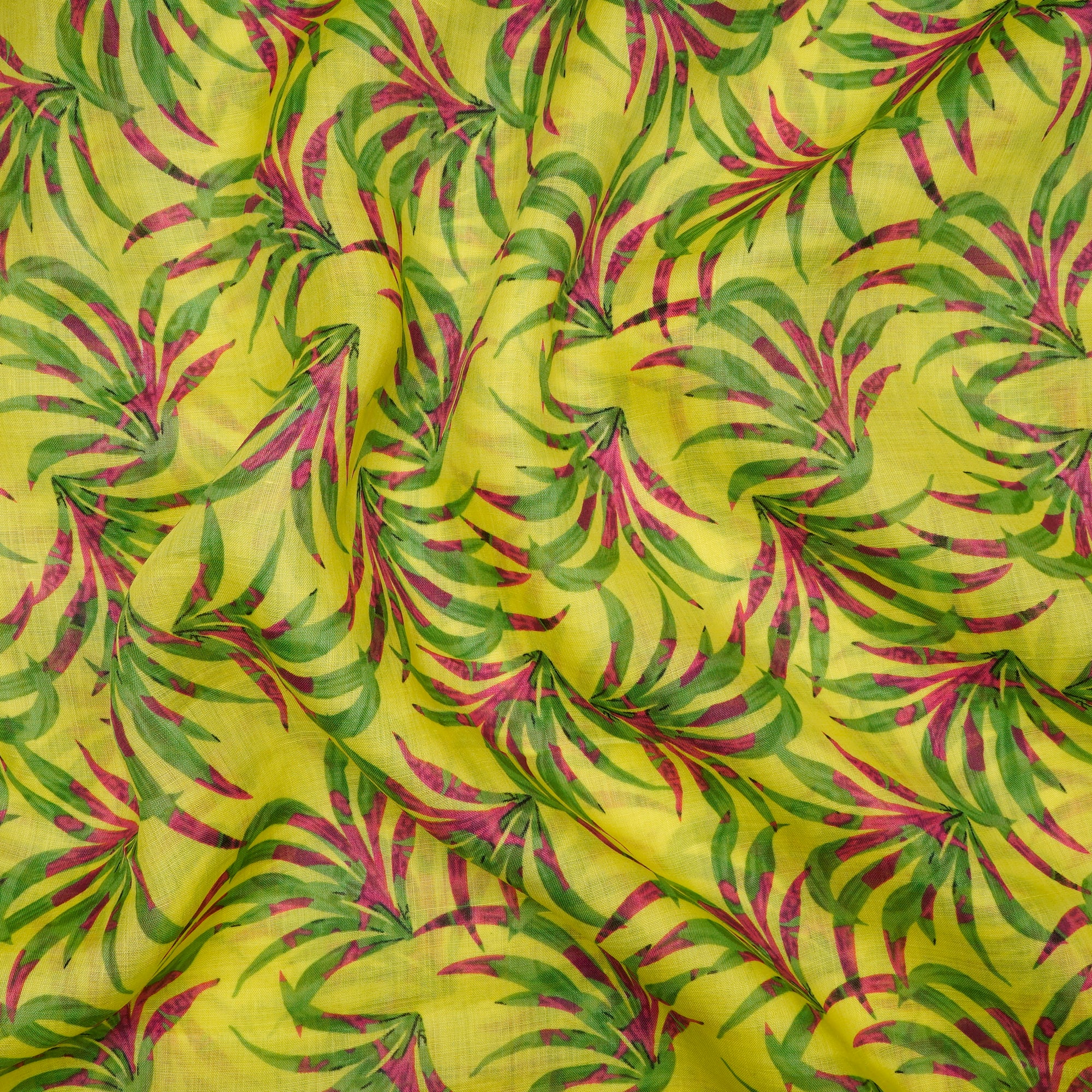 Green and Pink Color Printed Linen Fabric