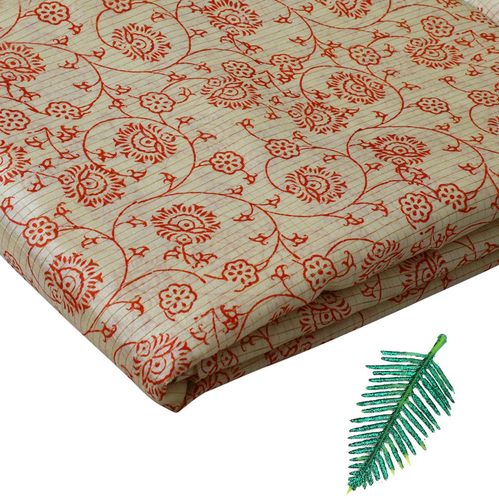 Red Color Printed Tussar Silk Fabric