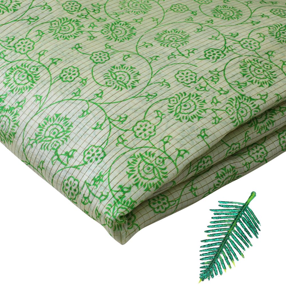 Green Color Printed Tussar Silk Fabric