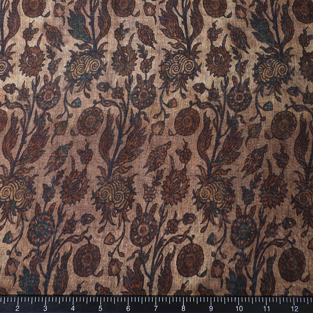 Brown Color Printed Noile Silk Fabric