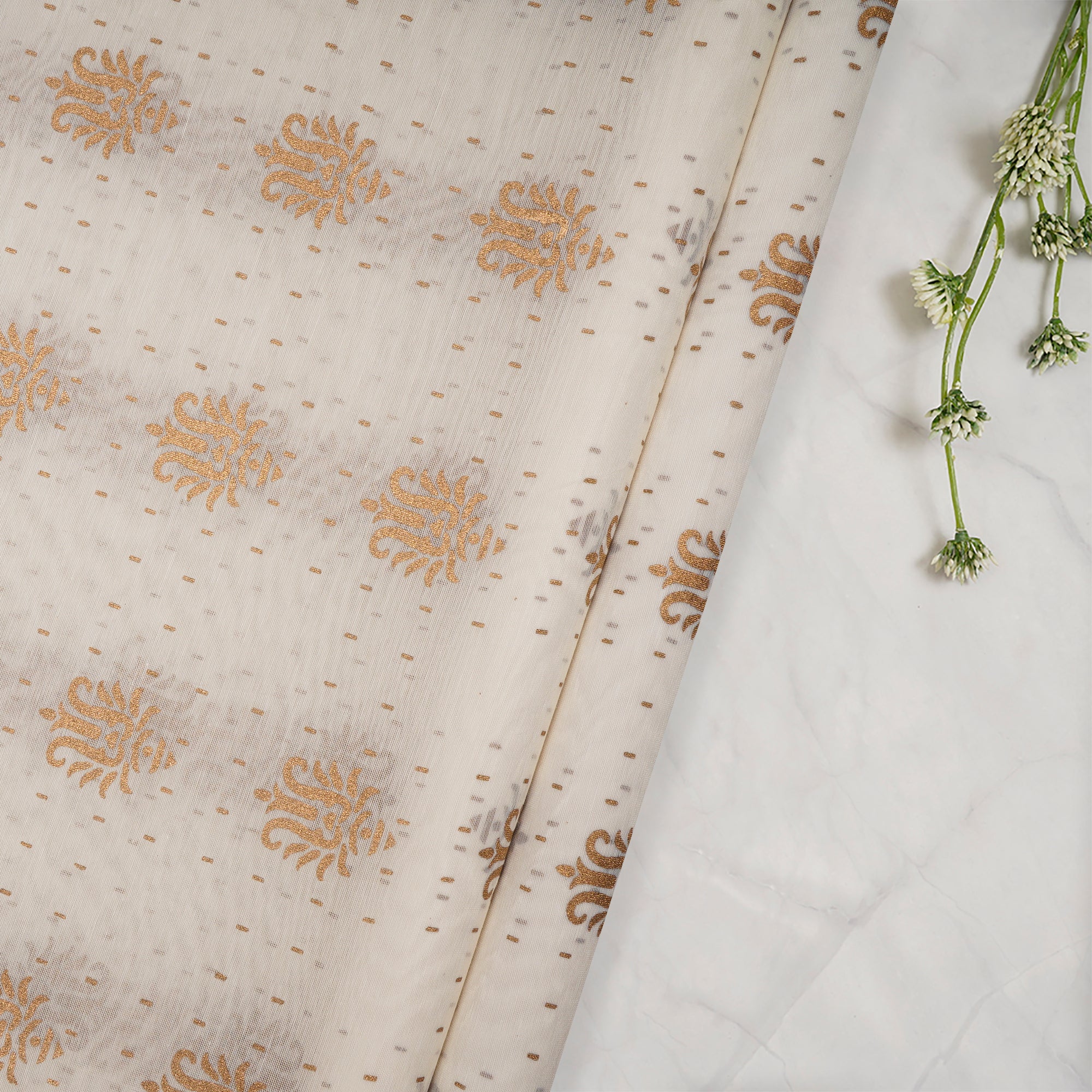 White-Golden Color Printed Fine Chanderi Fabric