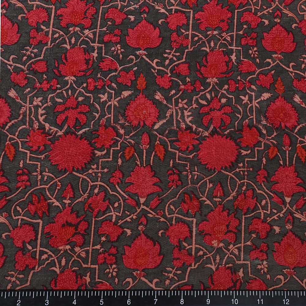 Red and Olive Green Color Printed Fine Chanderi Fabric