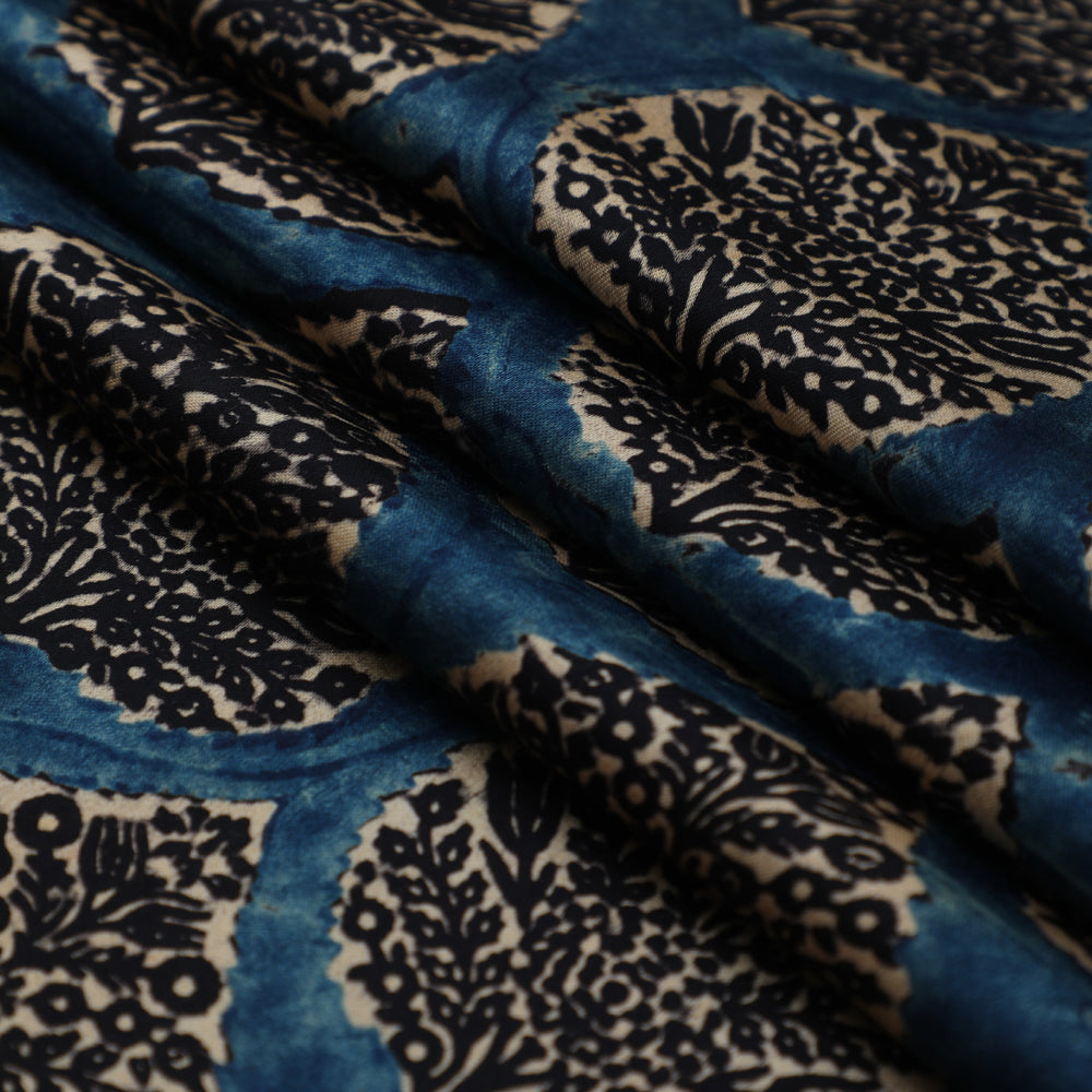 Blue-Black Color Handcrafted Ajrak Printed Modal Satin Fabric