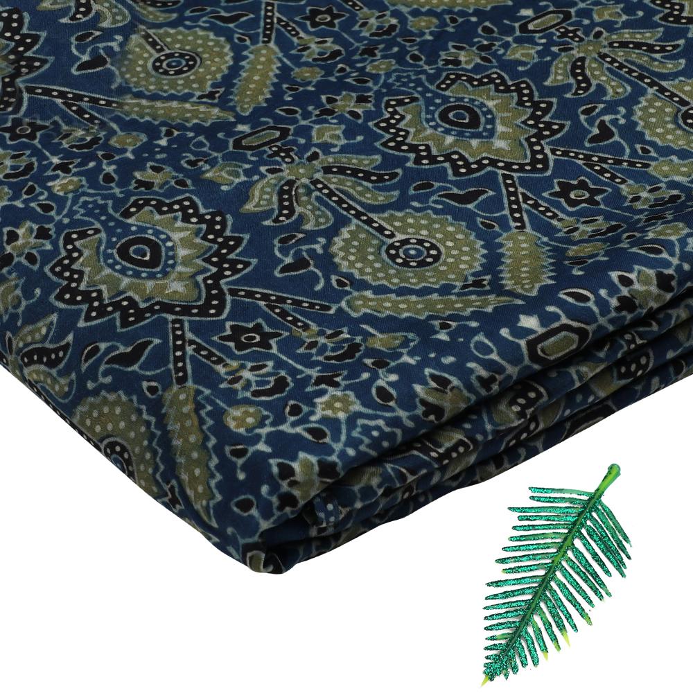 Blue-Green Color Handcrafted Ajrak Printed Modal Satin Fabric