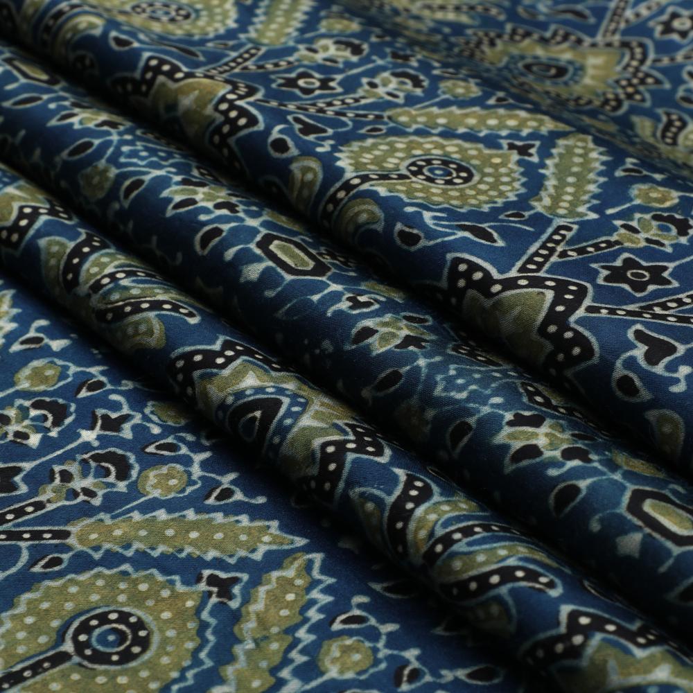 Blue-Green Color Handcrafted Ajrak Printed Modal Satin Fabric
