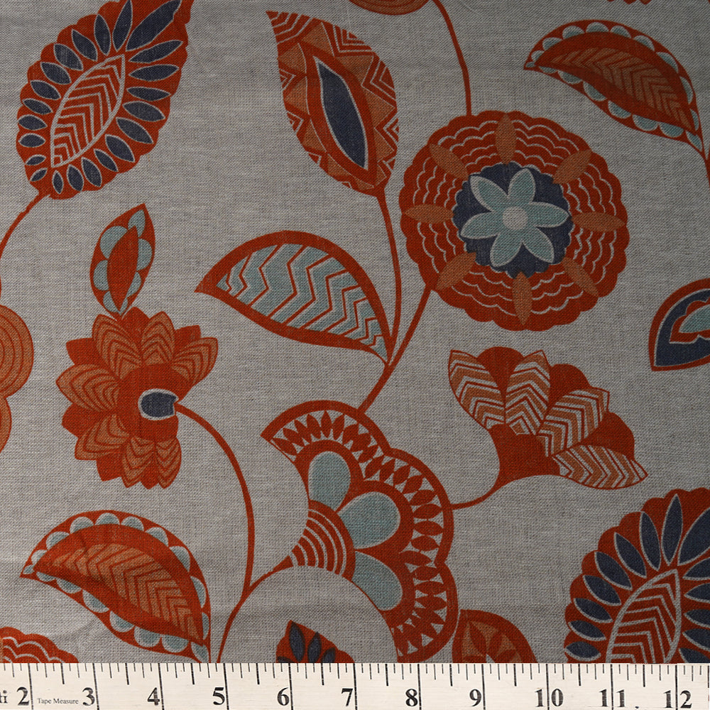 White-Orange Color Printed Linen Fabric