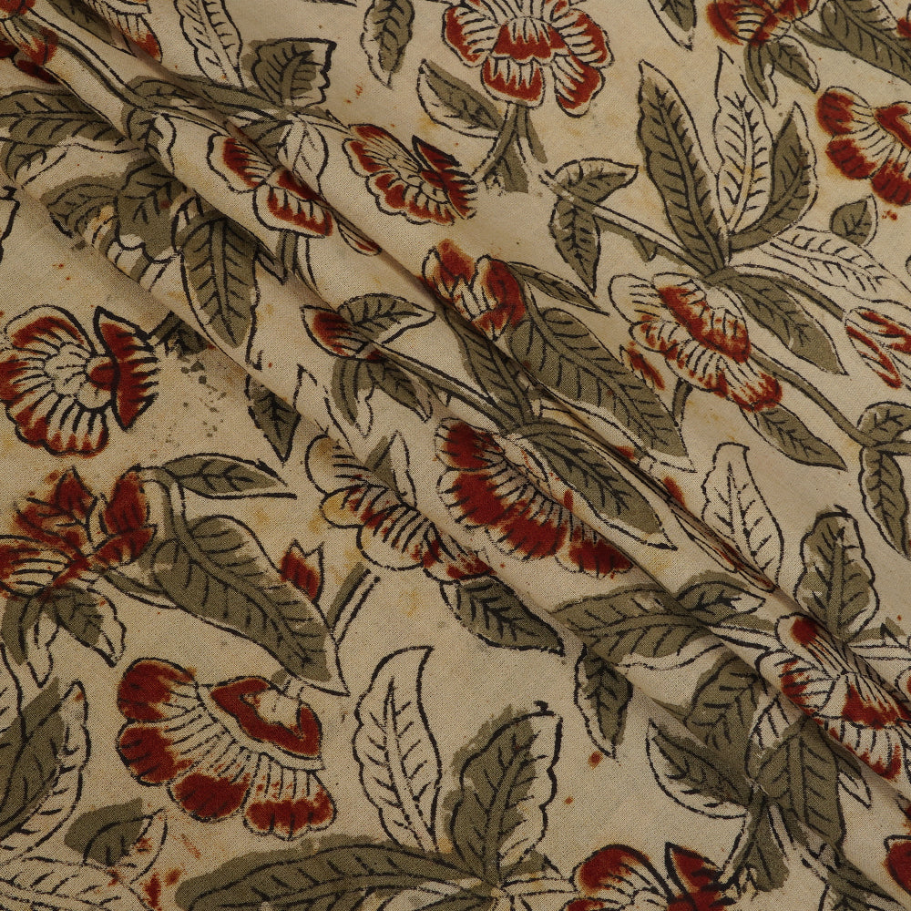 Cream-Maroon Color Handcrafted Kalamkari Printed Pure Cotton Fabric