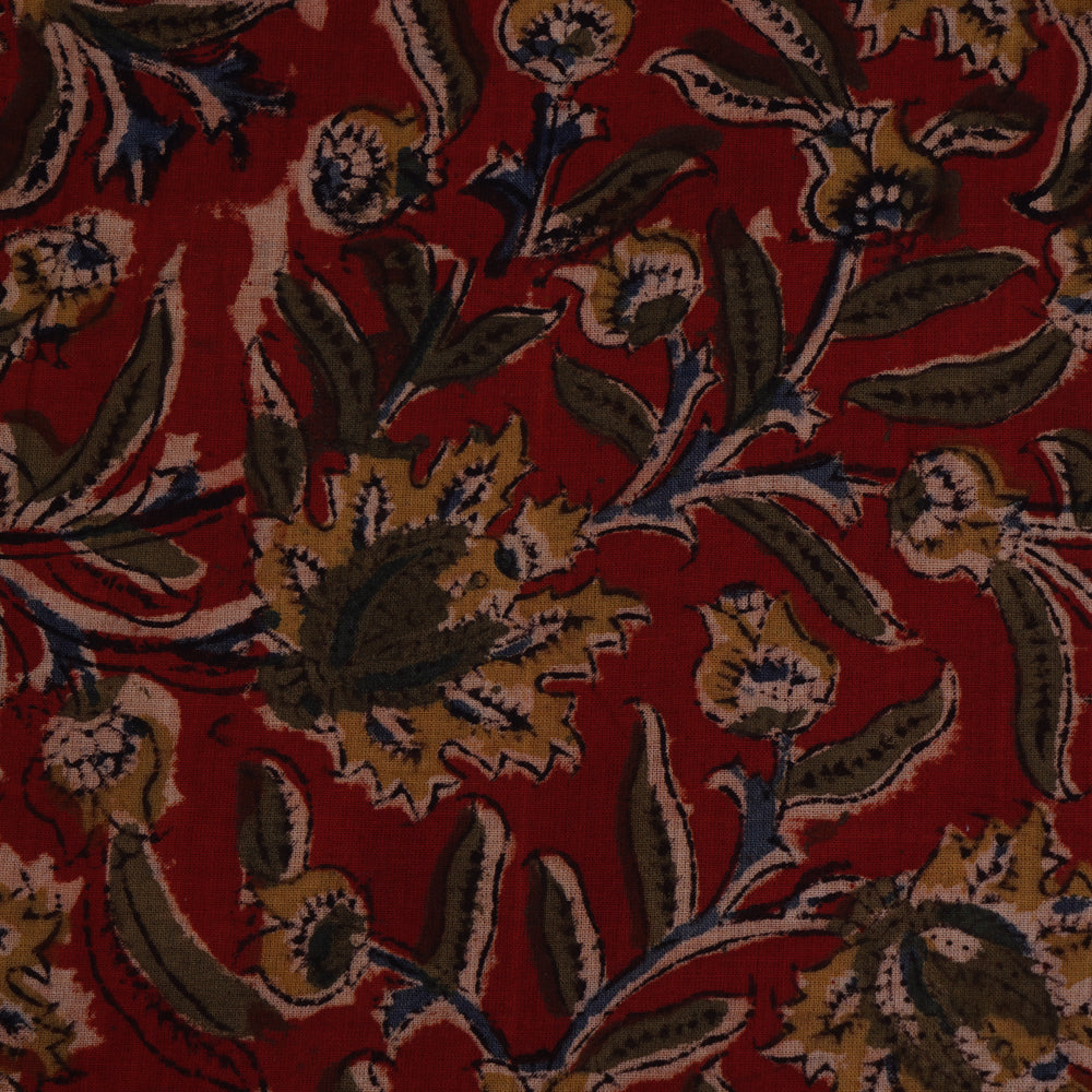 Red Color Handcrafted Kalamkari Printed Pure Cotton Fabric