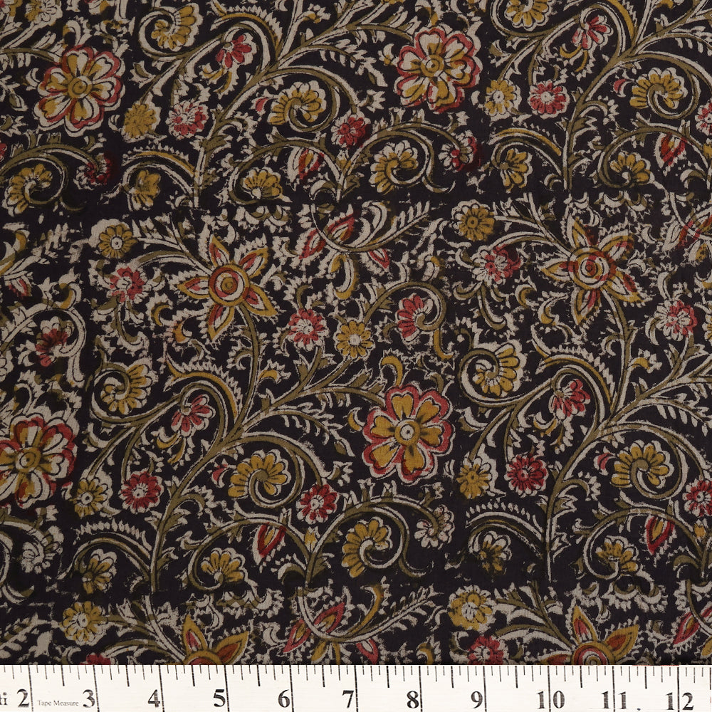 Black-Green Color Handcrafted Kalamkari Printed Pure Cotton Fabric