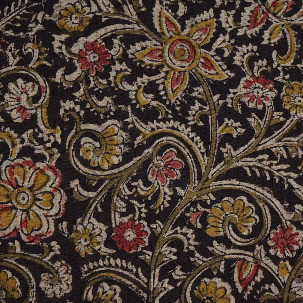 Black-Green Color Handcrafted Kalamkari Printed Pure Cotton Fabric