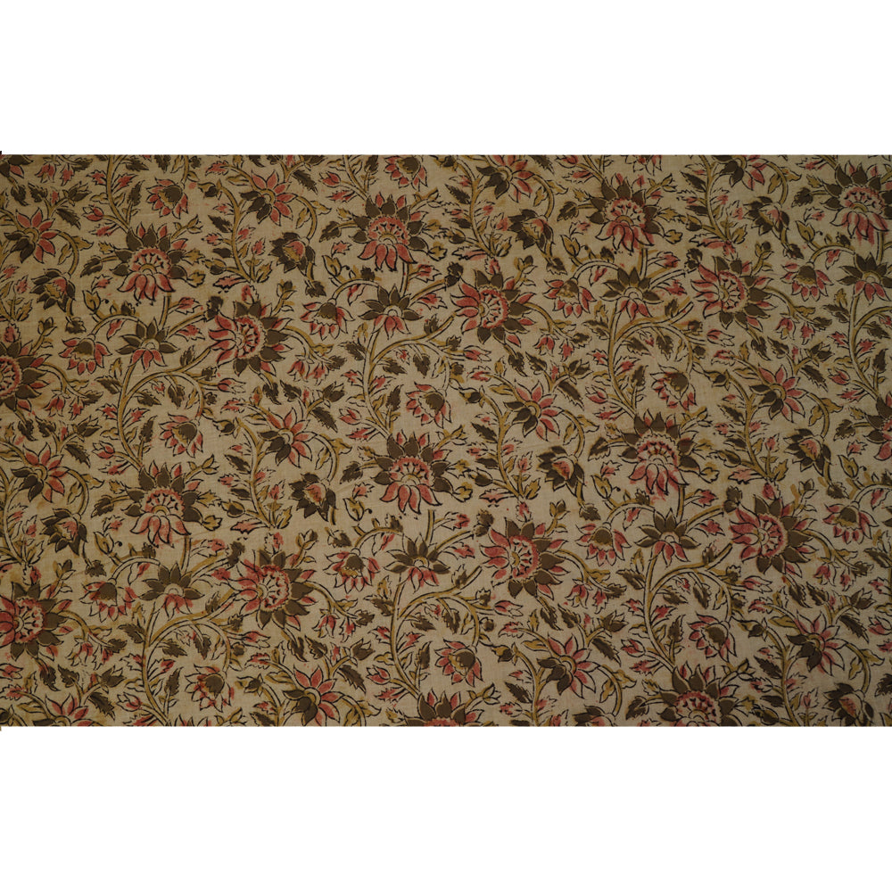 Cream-Pink Color Handcrafted Kalamkari Printed Pure Cotton Fabric