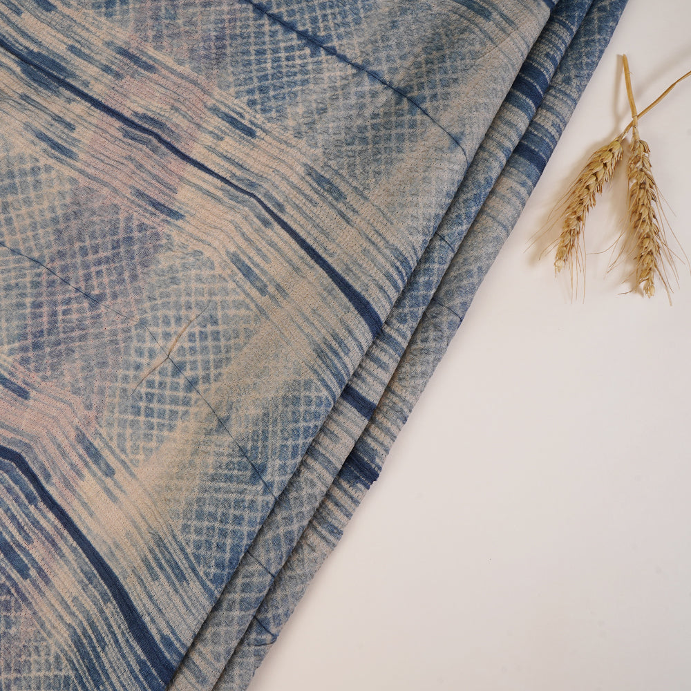(Pre Cut 2.85 Mtr Piece) Prussian Blue Color Handcrafted Shibori Pure Tussar Silk Fabric