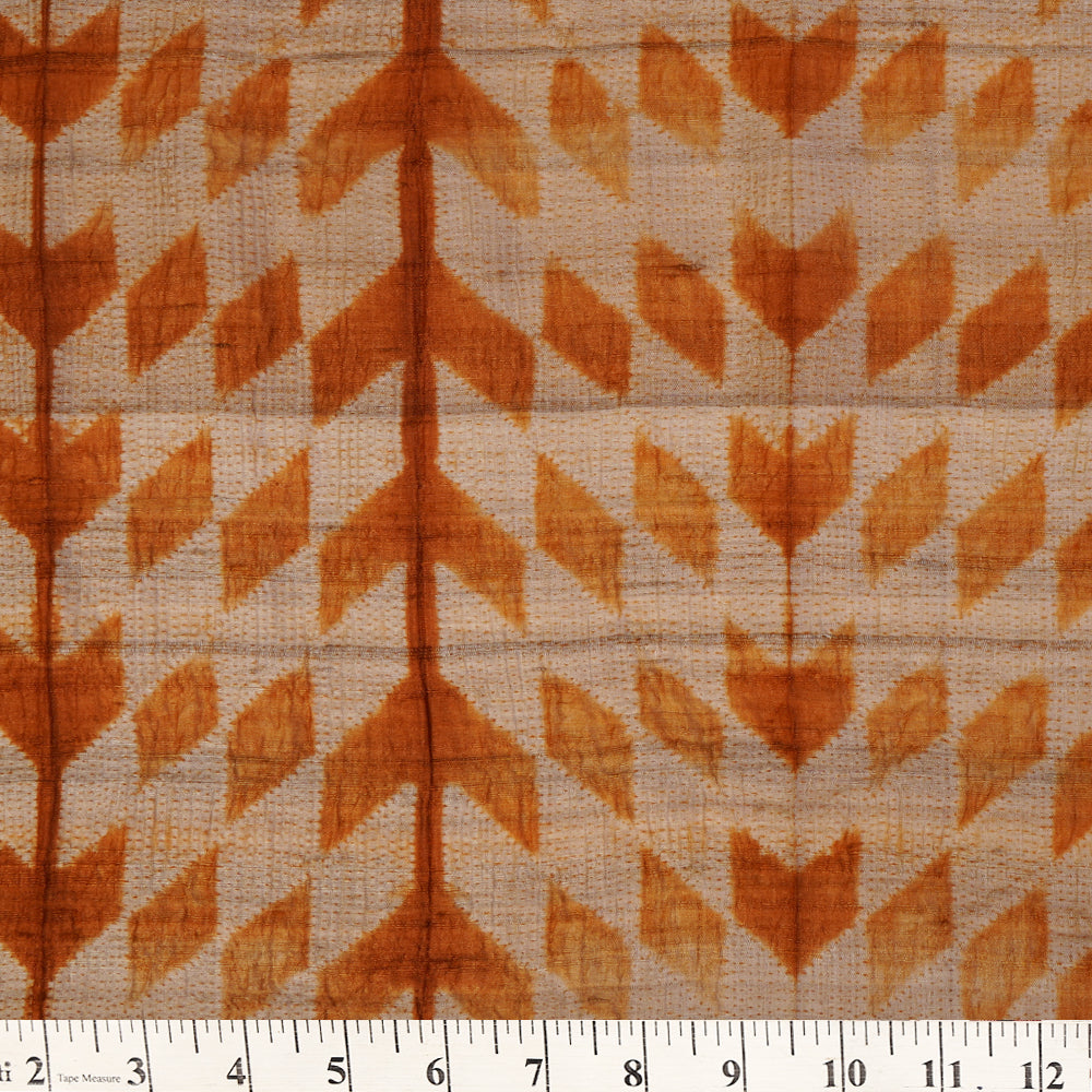 (Pre Cut 3 Mtr Piece) Orange Color Handcrafted Shibori Pure Tussar Silk Fabric