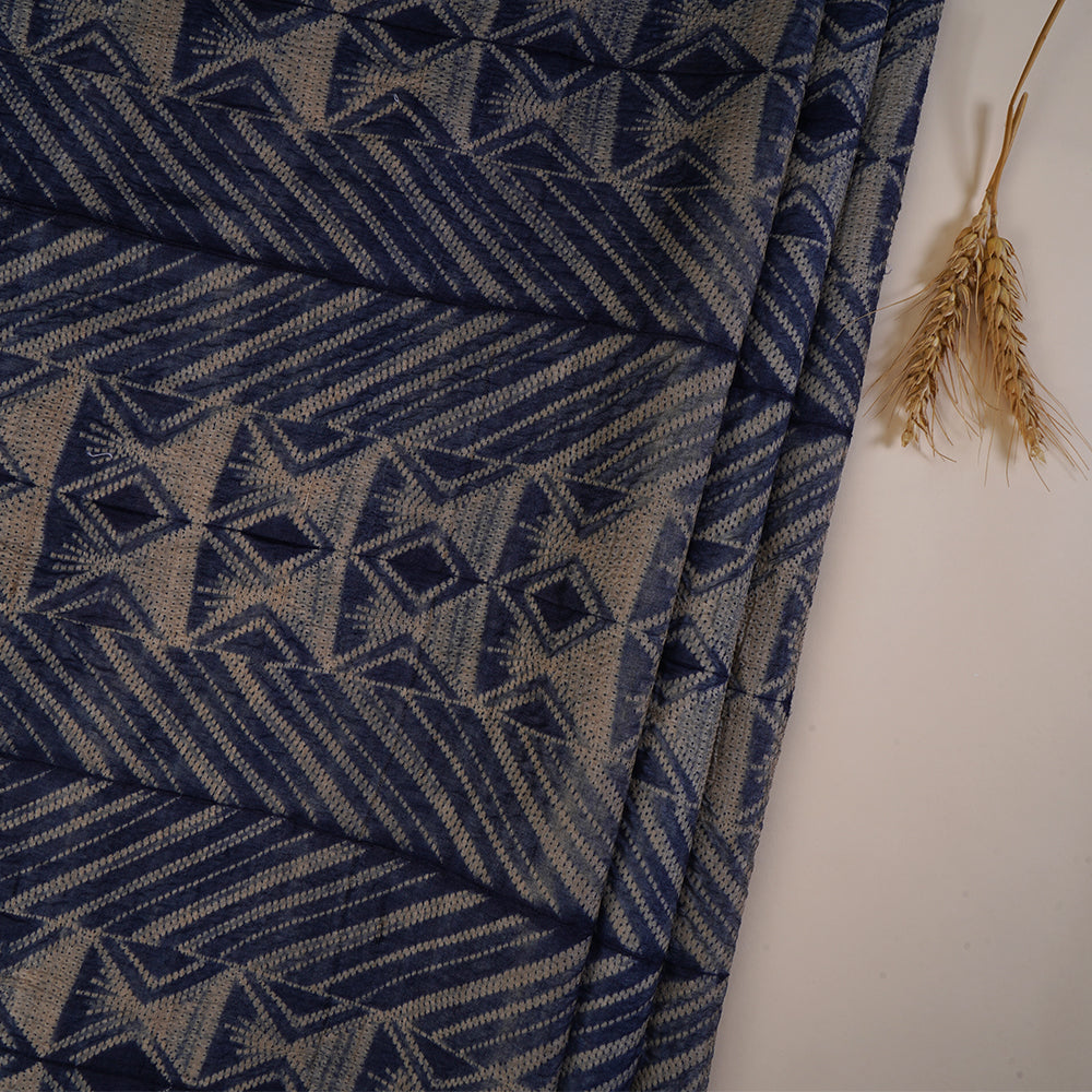 (Pre Cut 3 Mtr Piece) Dark Blue Color Handcrafted Shibori Pure Tussar Silk Fabric