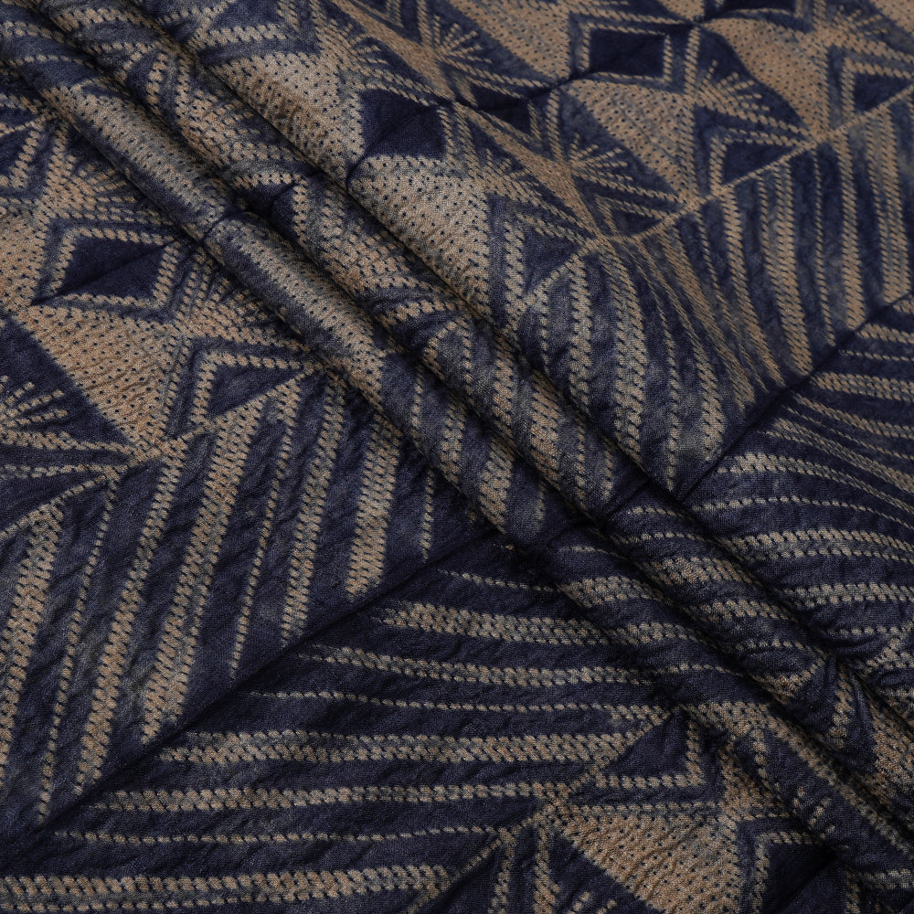 (Pre Cut 3 Mtr Piece) Dark Blue Color Handcrafted Shibori Pure Tussar Silk Fabric