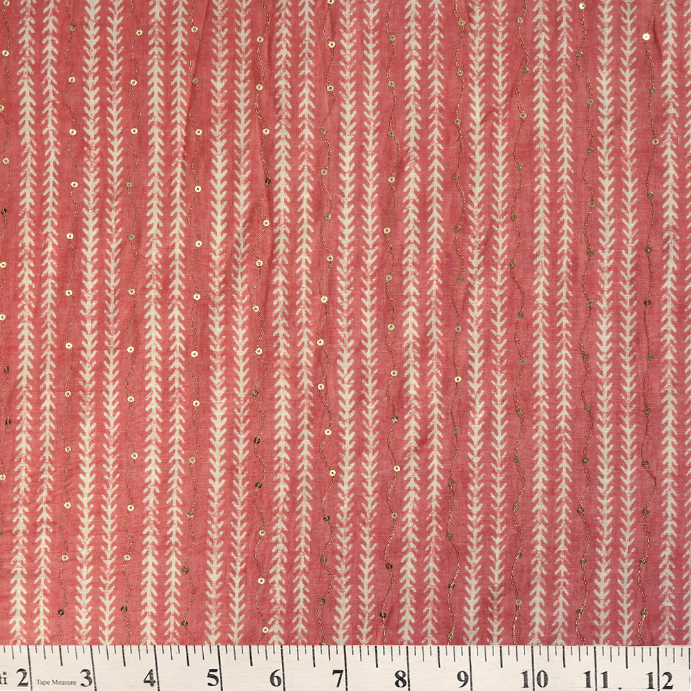 Pink Color Printed and Sequins Embroidered Cotton Fabric