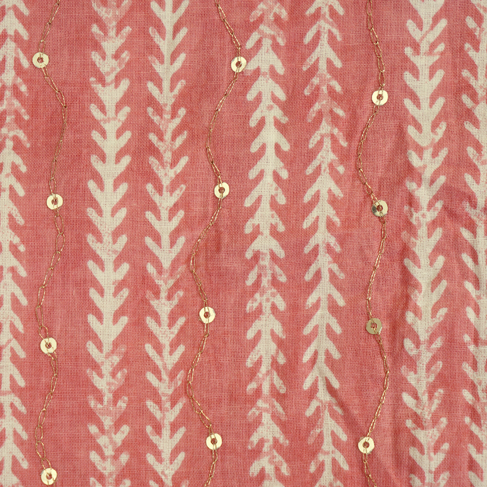 Pink Color Printed and Sequins Embroidered Cotton Fabric