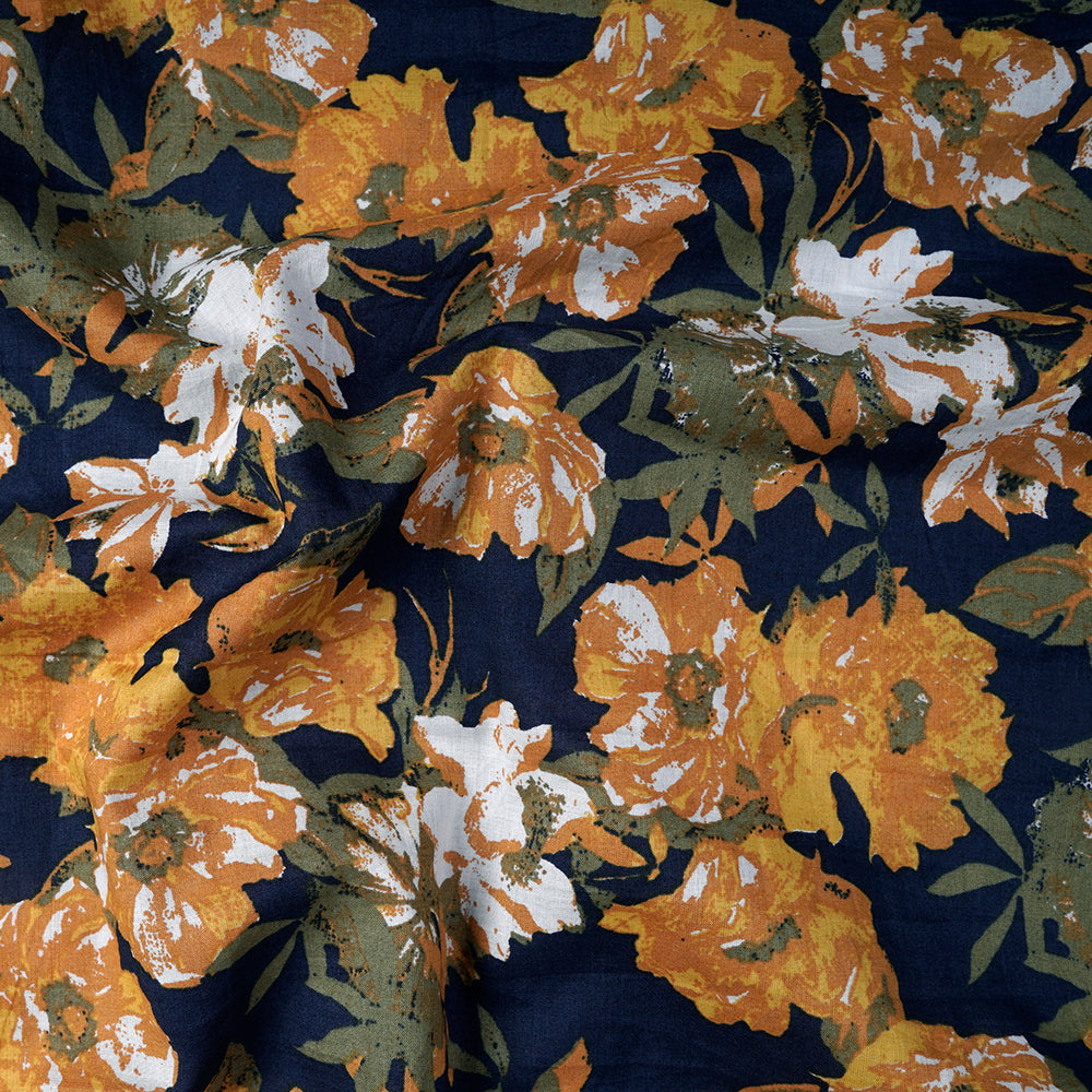 Blue-Mustard Color Printed Cotton Cambric Fabric
