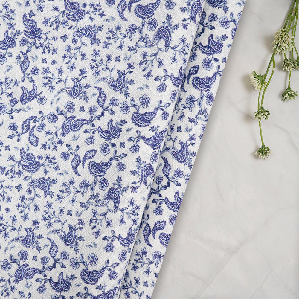 White-Blue Color Printed Viscose Rayon Fabric