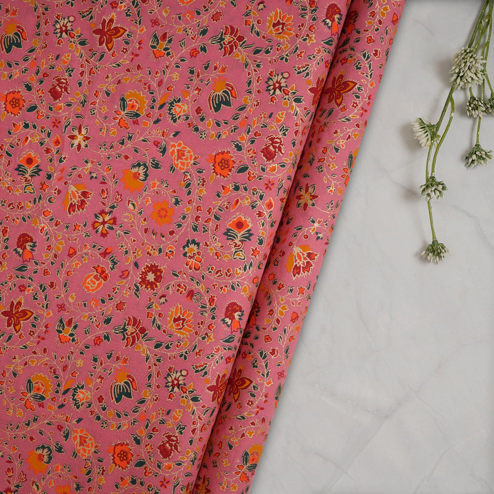 Pink Color Khari (Metallic) Screen Print Cotton Fabric