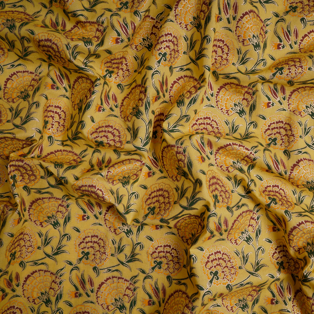 Yellow Color Khari (Metallic) Screen Print Cotton Fabric