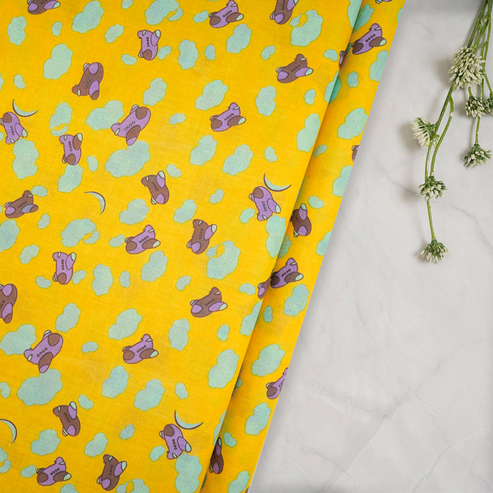 Yellow Color Kids Pattern Screen Printed Pure Cotton Fabric