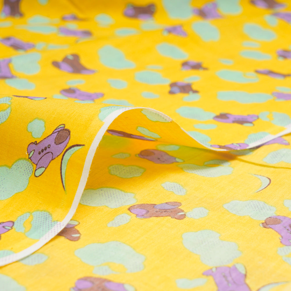 Yellow Color Kids Pattern Screen Printed Pure Cotton Fabric
