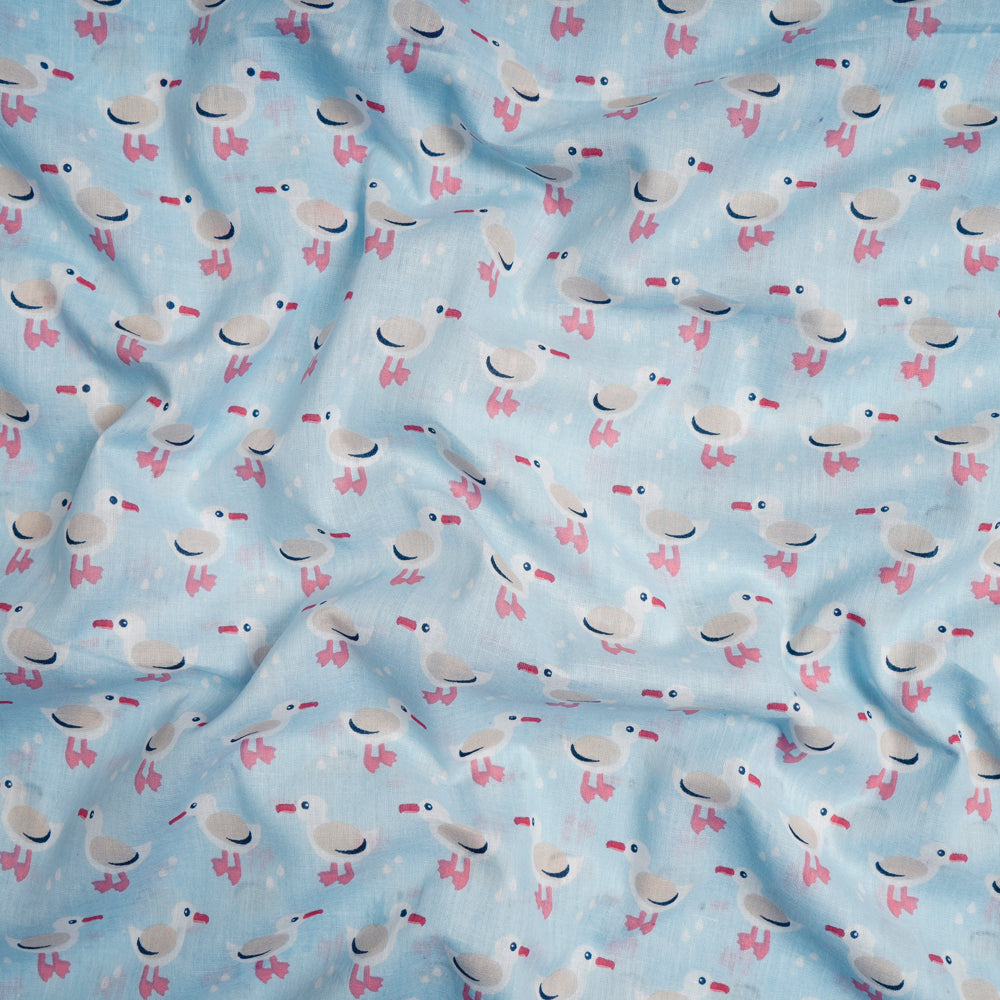 Baby Blue Color Kids Pattern Screen Printed Pure Cotton Fabric
