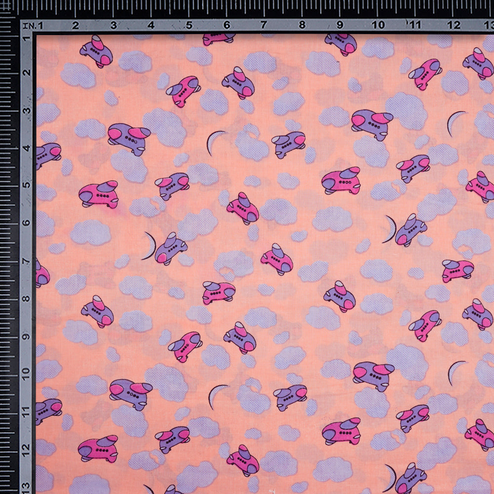 Peach-Blue Color Kids Pattern Screen Printed Pure Cotton Fabric