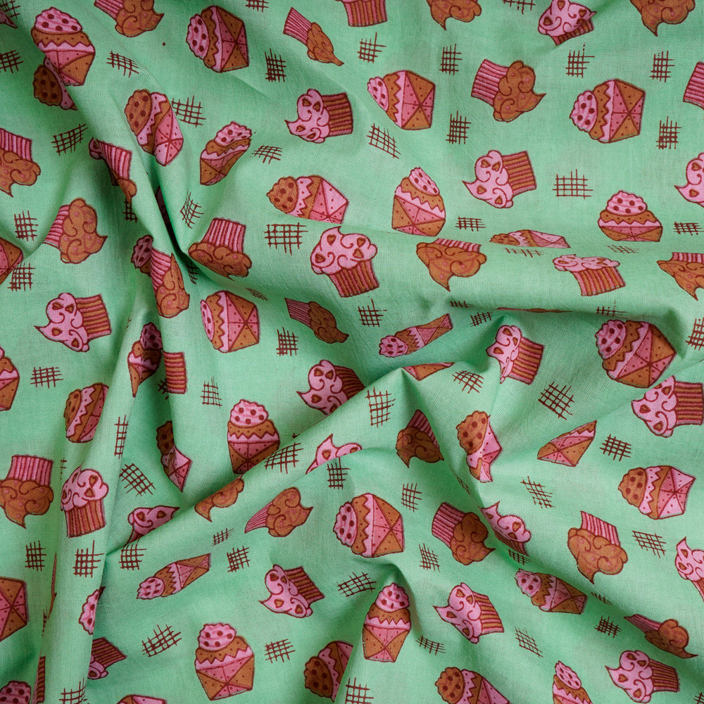 Green Color Kids Pattern Screen Printed Pure Cotton Fabric