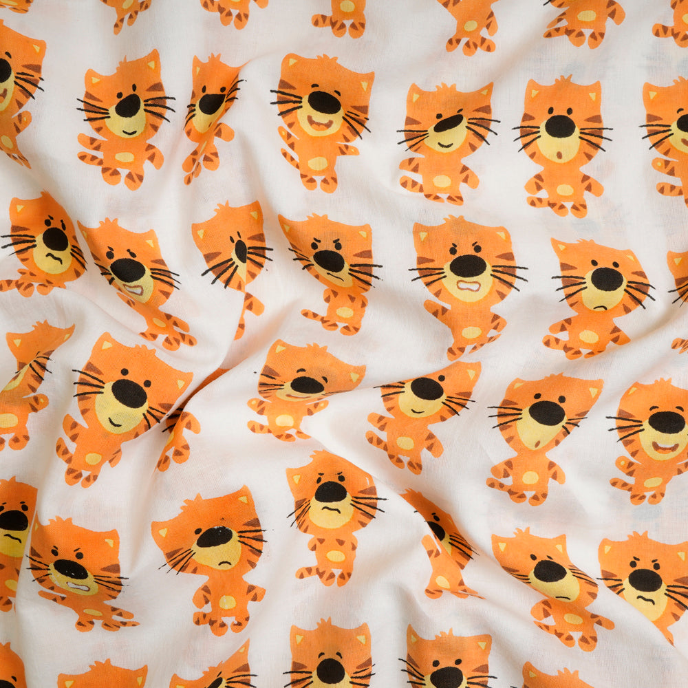White-Orange Kids Pattern Color Screen Printed Pure Cotton Fabric