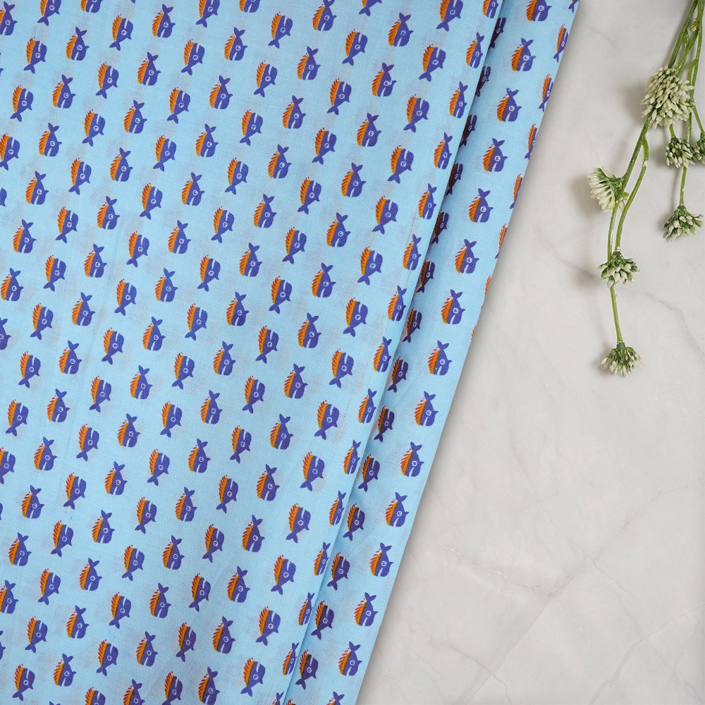 Blue Color Kids Pattern Screen Printed Pure Cotton Fabric