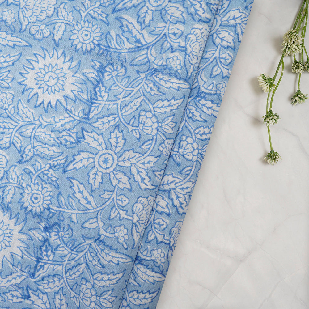 Light Blue Color Hand Block Natural Dye Bagru Dabu Printed Cotton Fabric