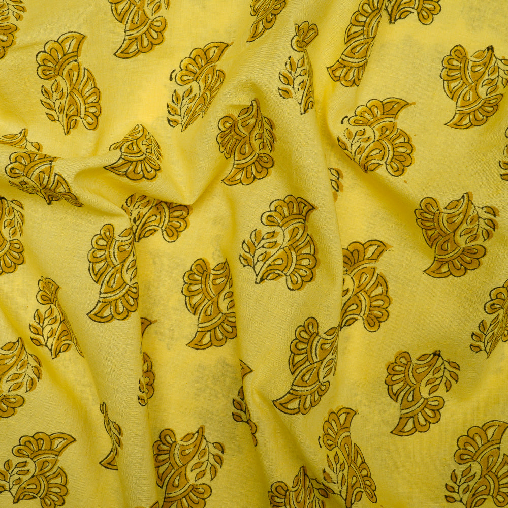 Yellow Color Hand Block Natural Dye Bagru Dabu Printed Cotton Fabric