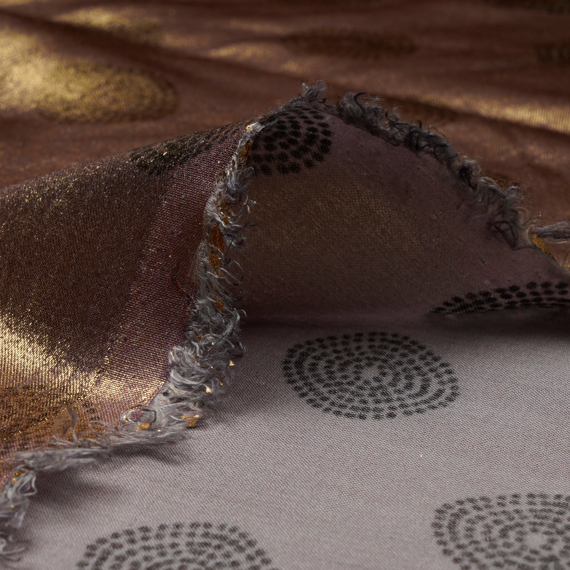 Gold-Beige Digital & Foile Printed Bemberg Modal Satin Fabric