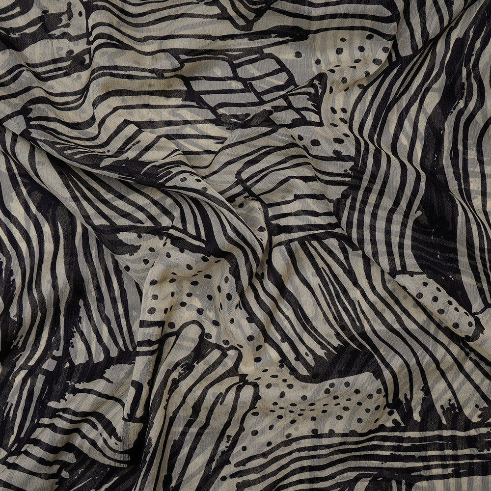 Cream- Black Color Printed Viscose Chiffon Fabric