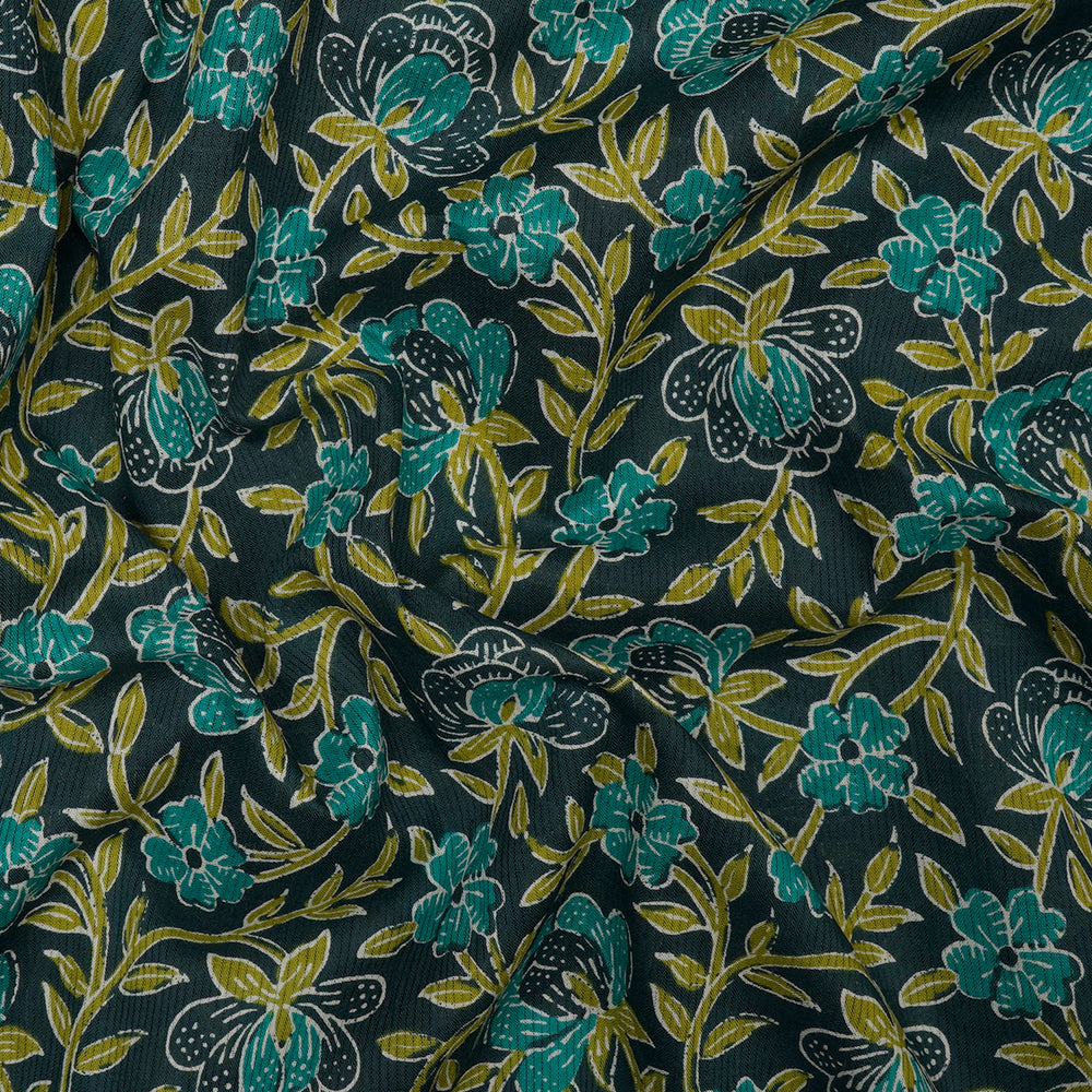 Dark Green Floral Jaal Screen Printed Cotton Fabric